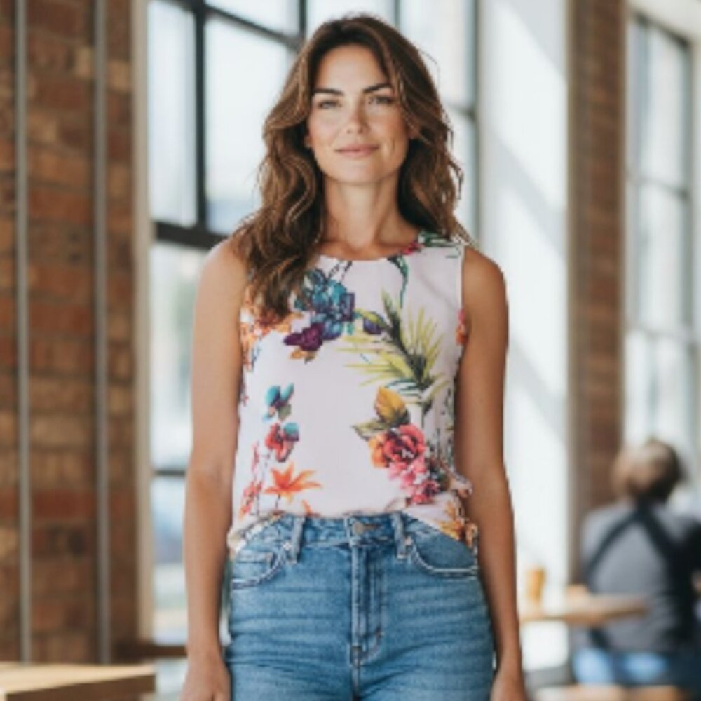 Chicos tank top size 2 white and colorful floral pattern spring church layered